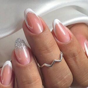 Classic French White & Silver Glitter Gel Nail Set NIB